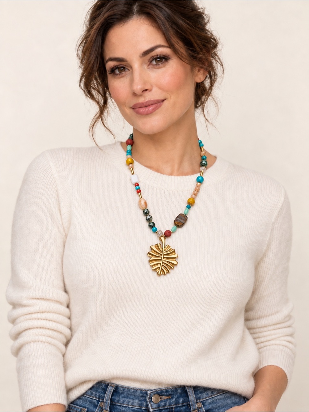 Gold-Tone Leaf Pendant Necklace with Turquoise & Multicolor Mixed Beads